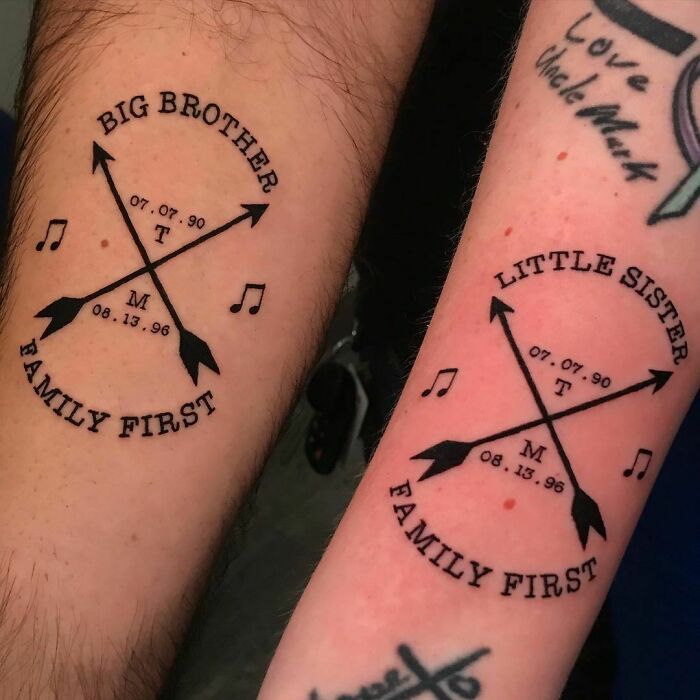 Big brother, Little sister forearm tattoos with initials