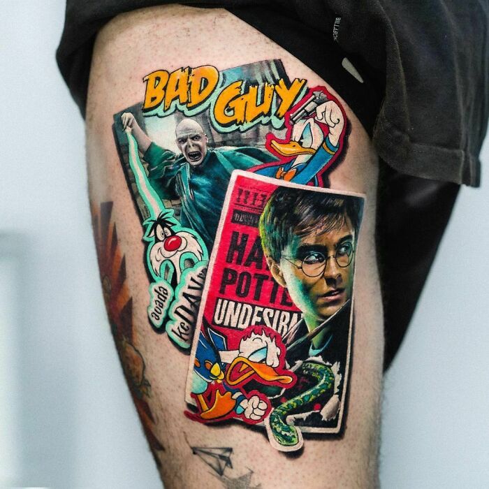Colorful Harry Potter tattoo collage with Voldemort and vibrant cartoon elements on a person's leg.