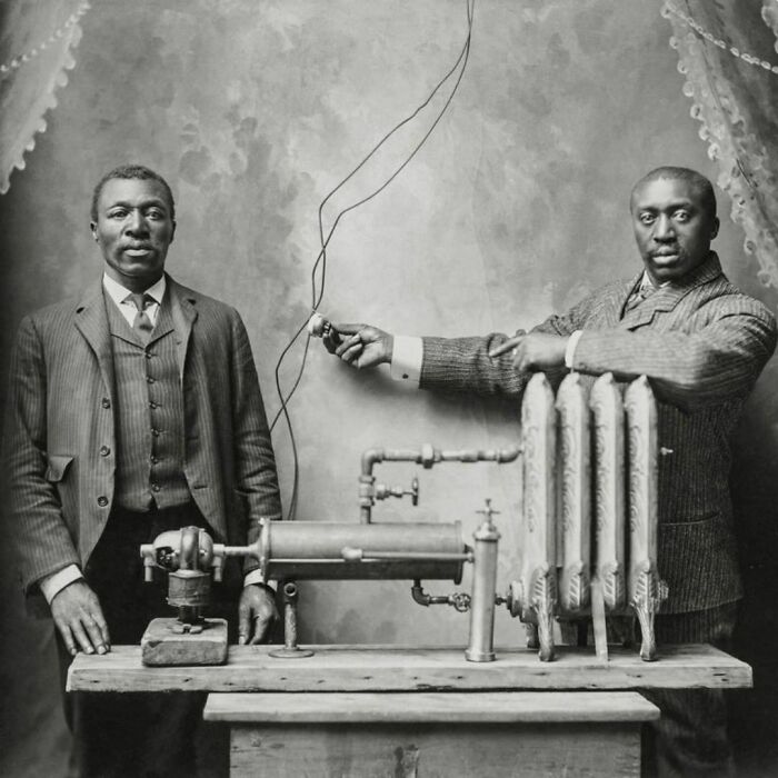 Two men posing near a radiator heating system 