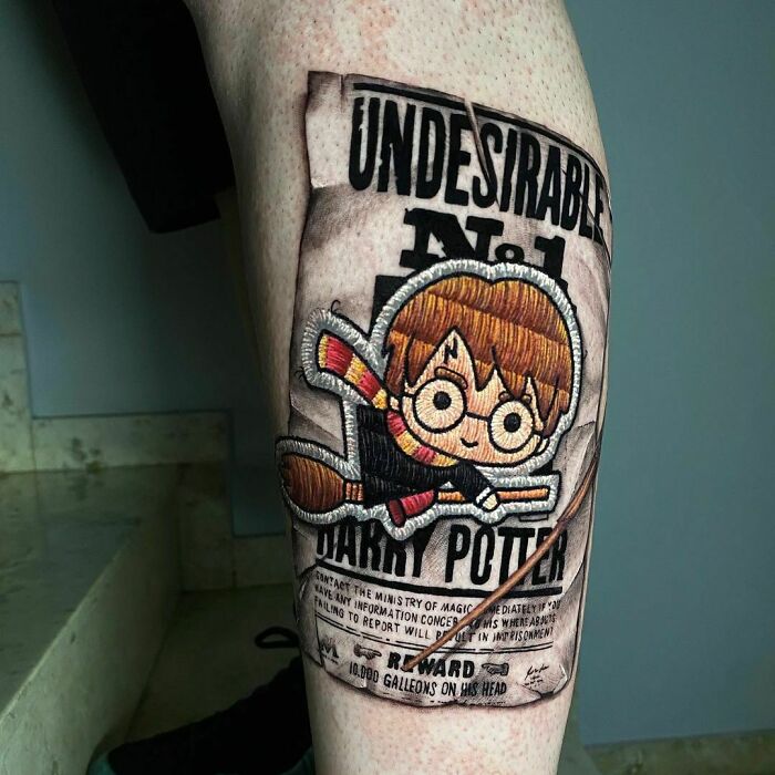 Harry Potter tattoo of a cute character on a broomstick, styled as a wanted poster, for fans of the Wizarding World.