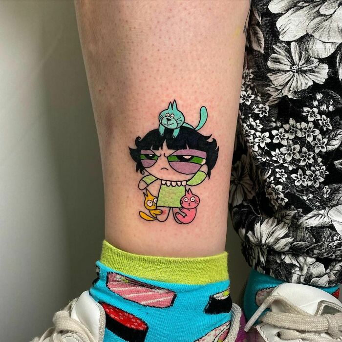 Buttercup from The Powerpuff Girls leg tattoo