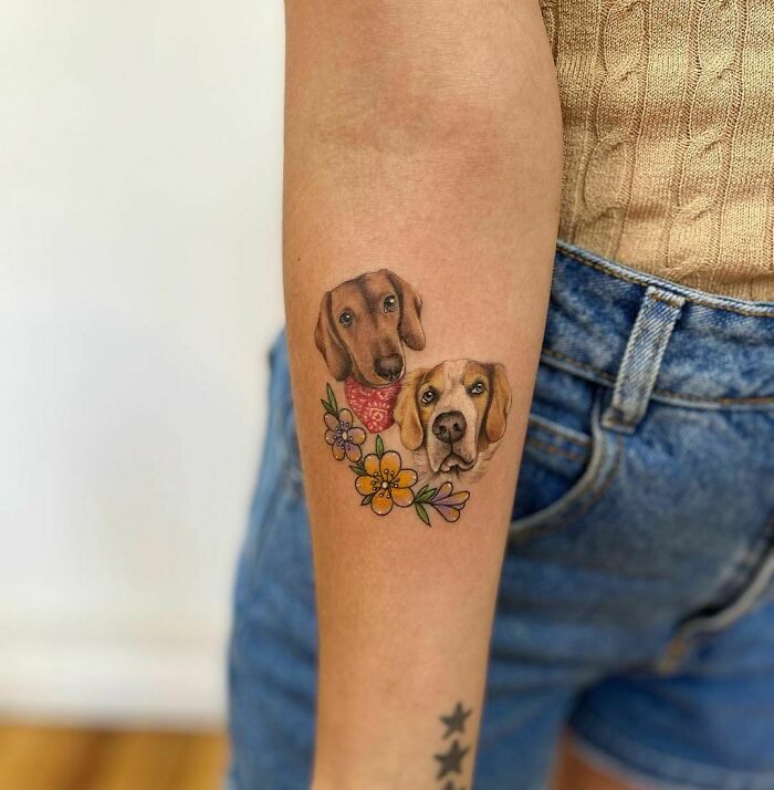 Teo dogs and flowers tattoo 