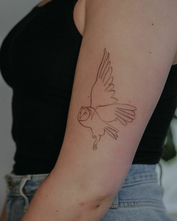 Line flying owl arm tattoo