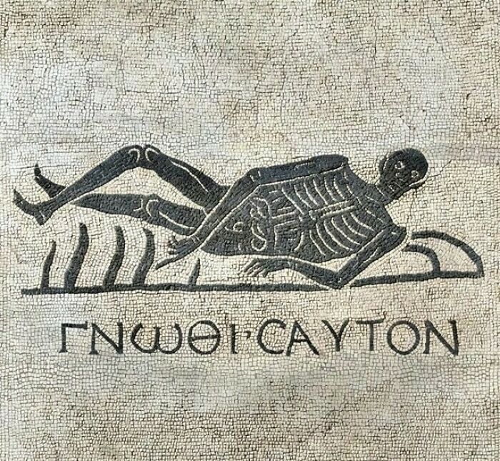 Roman Mosaic: Reclining Skeleton With The Caption 'Know Thyself', C. 4th Century Ad. Now On Display At The Baths Of Diocletian In Rome, Italy