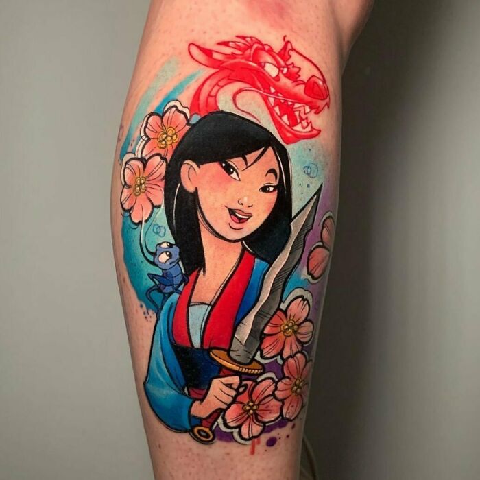 Colorful Mulan with Mushu and flowers tattoo
