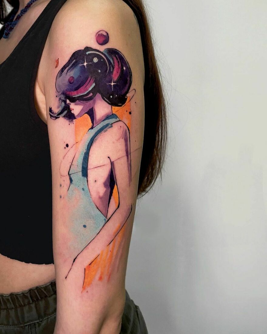 woman silhouette watercolor tattoo on the arm