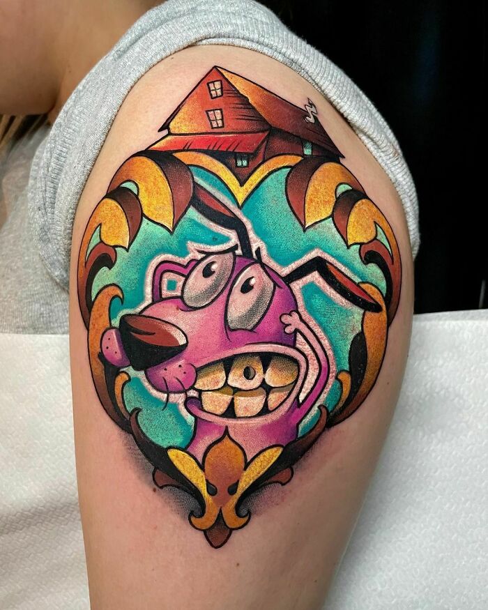 Courage The Cowardly Dog in the heart shape mirror tattoo