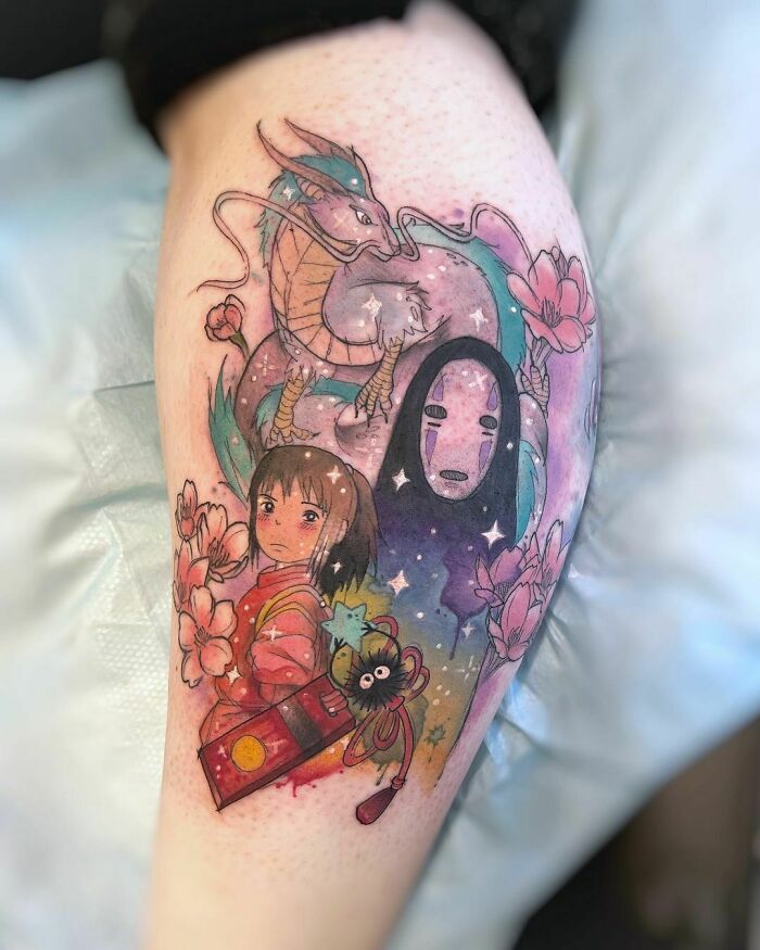 Characters from Spirited Away calf tattoo 
