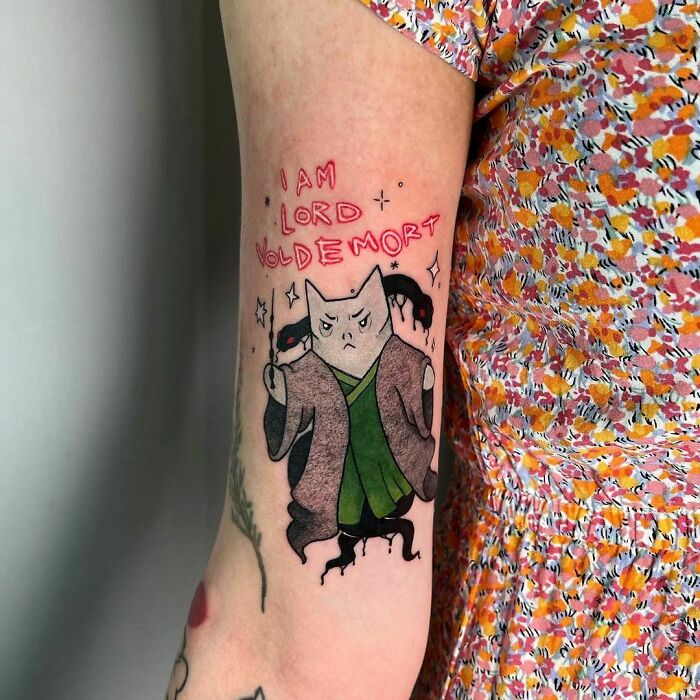 Cat-themed Harry Potter tattoo featuring Voldemort inked on arm with colorful floral dress sleeve.