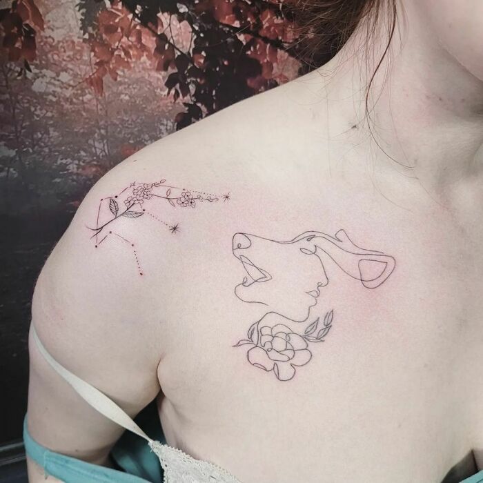 Single lines woman, wolf and flowers chest tattoo