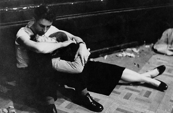 An Exhausted Young Couple During An All-Night Jazz Session At The Royal Albert Hall In London, 1957. Photo By Erich Auerbach
