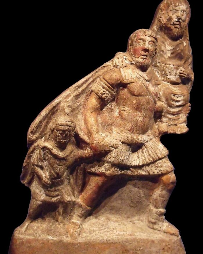 Aeneas, Holding The Hand Of His Son Ascanius/Iulus And Bearing His Father Anchises On His Shoulders, Flees The Burning City Of Troy. Terracotta Sculpture By An Unknown Artist; 1st Cent. Ce. Found At Pompeii; Now In The Museo Archaeologico Nazionale, Naples