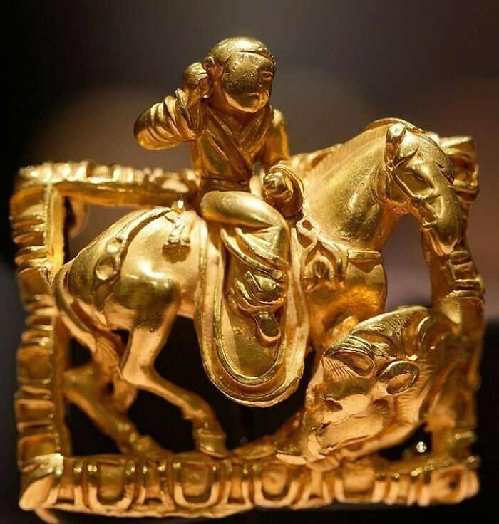 Gold Buckle Depicting A Xiongnu Horseman, Uncovered In Tajikistan, 2nd-1st Century Bc. Housed At The National Museum Of Antiquities Tajikistan