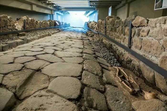 Carretera romana descubierta durante la construcción de un nuevo McDonald's en Marino, Italia. Tras terminar las excavaciones, pusieron un suelo de cristal