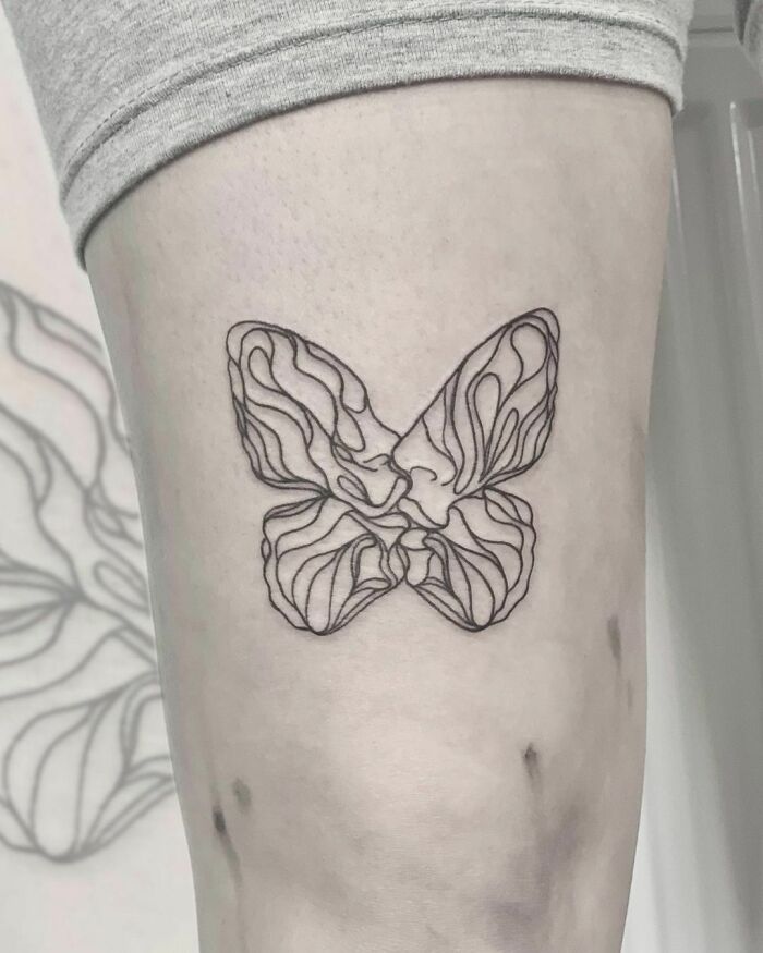 Single line butterfly kiss leg tattoo