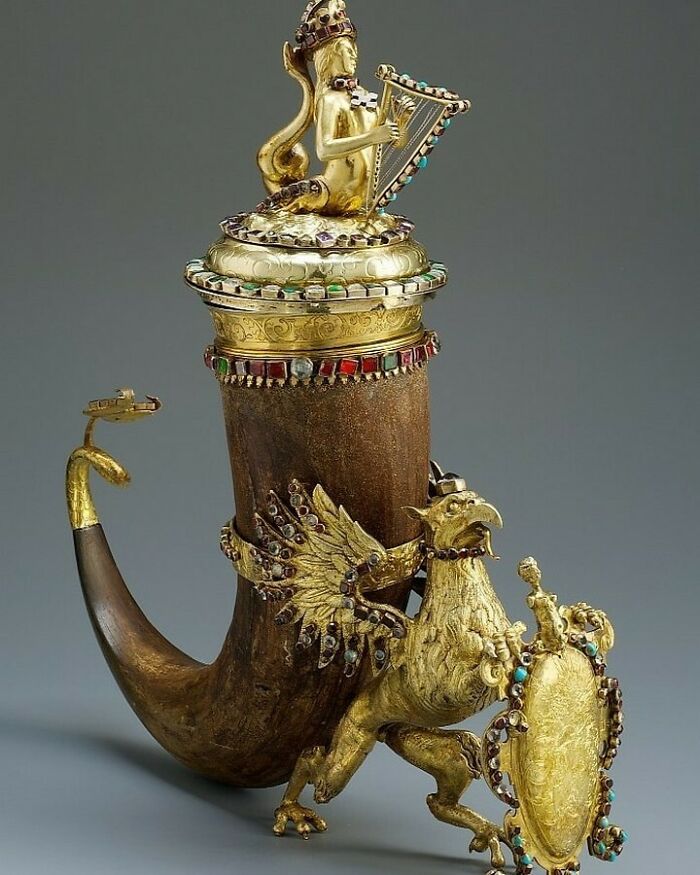 Drinking Horn And Cover With Figures Of Griffin And Mermaid.date: Ca. 1630place Of Origin: Northern Germany, Brnomedium: Bison Horn, Precious Stones, Silver-Gilt