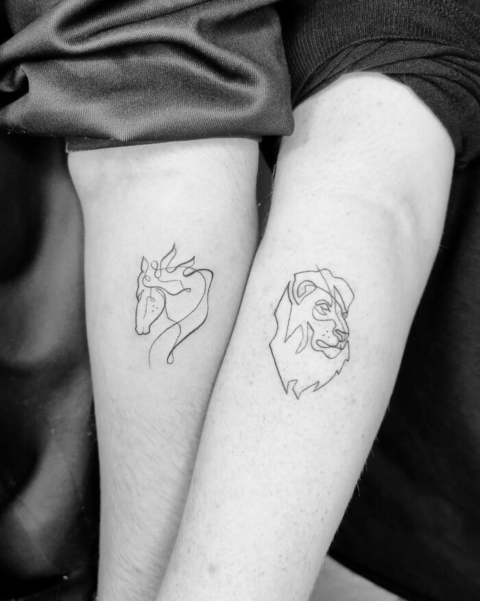 Lion and taurus single line tattoos