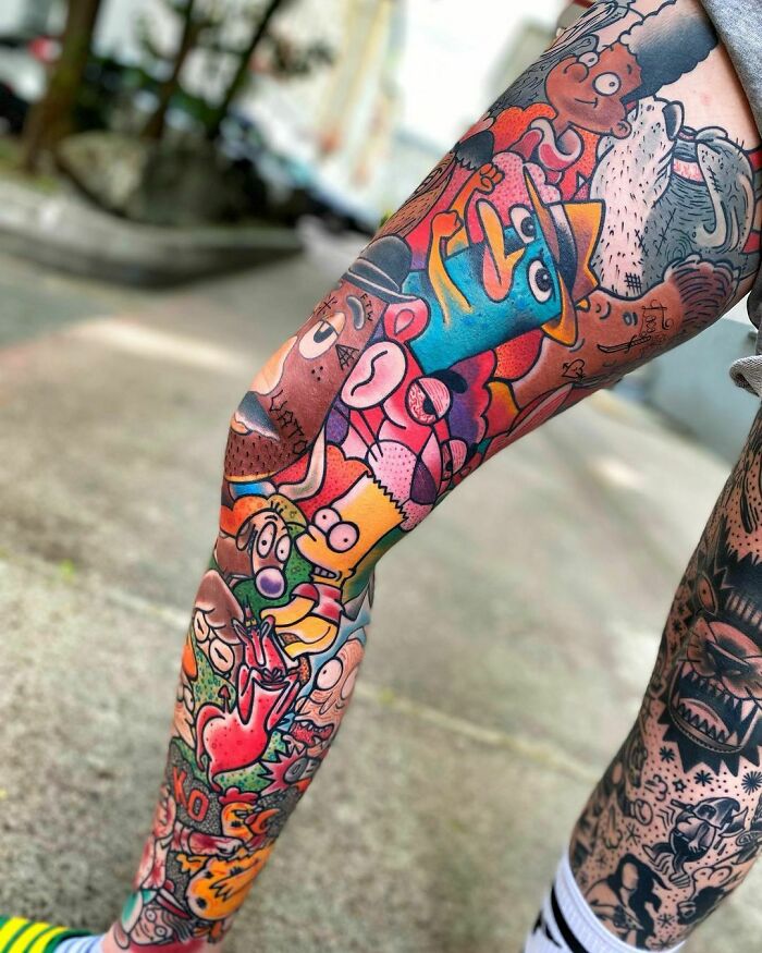 Childhood cartoon heroes leg sleeve tattoo