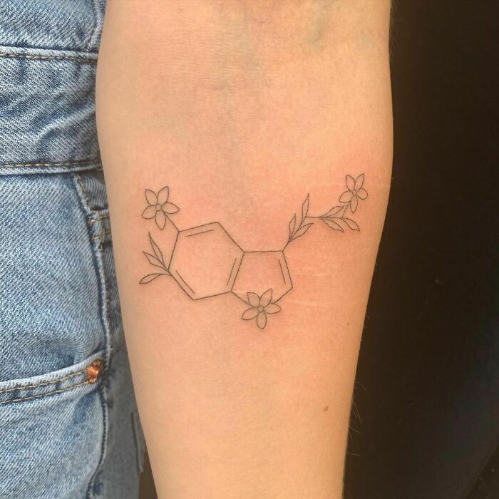 Serotonin Molecule with Red Flowers, Tattoo Design