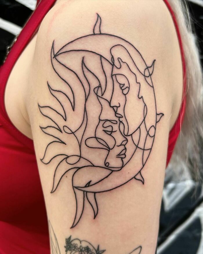 Line sun and moon faces shoulder tattoo