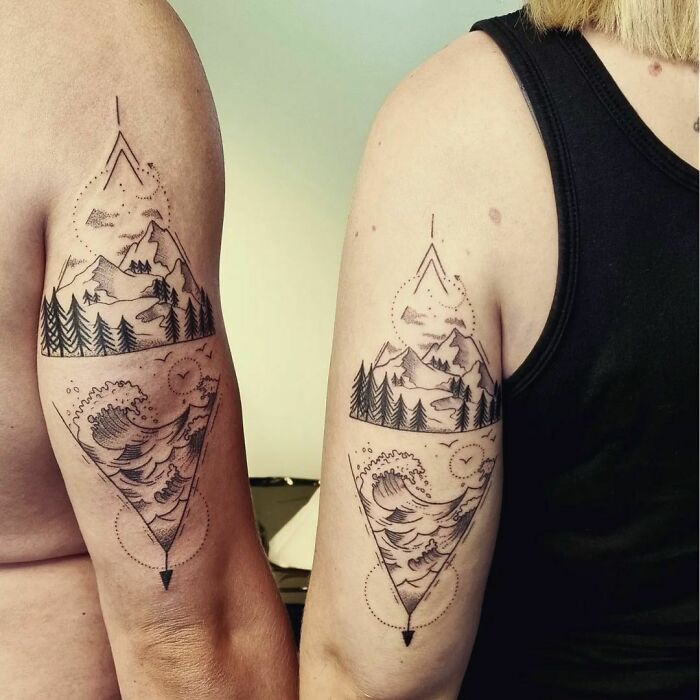 Mountain and ocean matching tricep tattoos