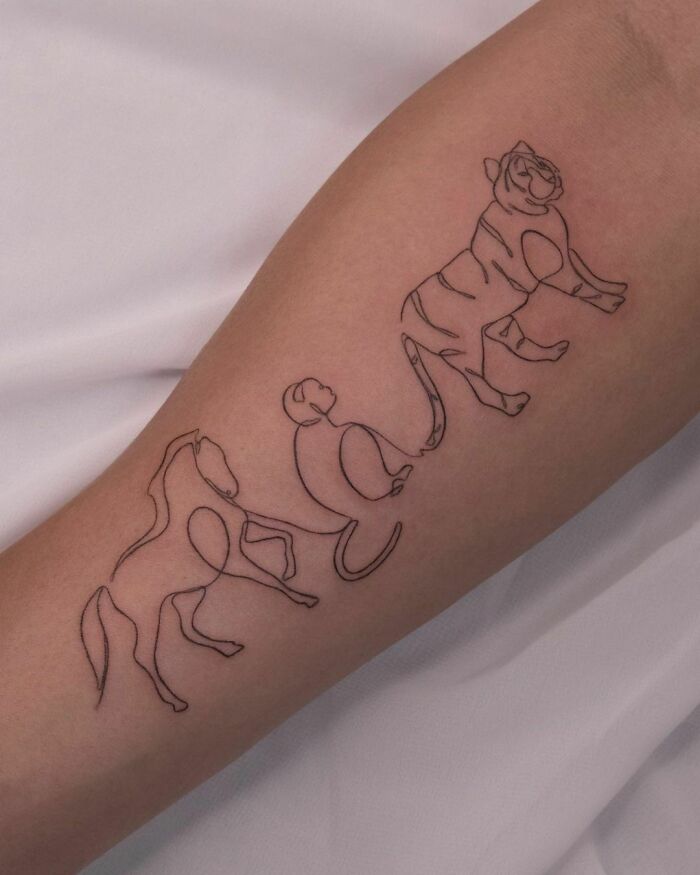 Single line horse, monkey and tiger following each other tattoo
