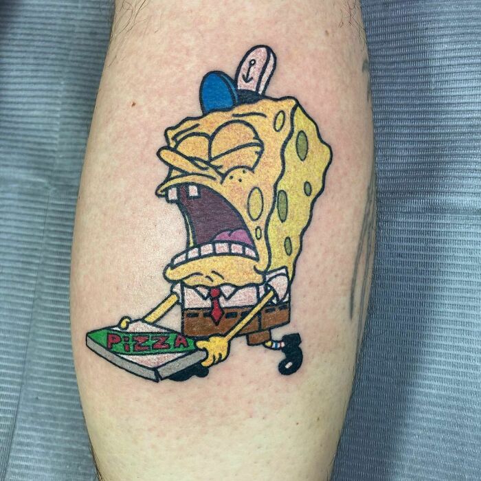 SpongeBob holding pizza tattoo 