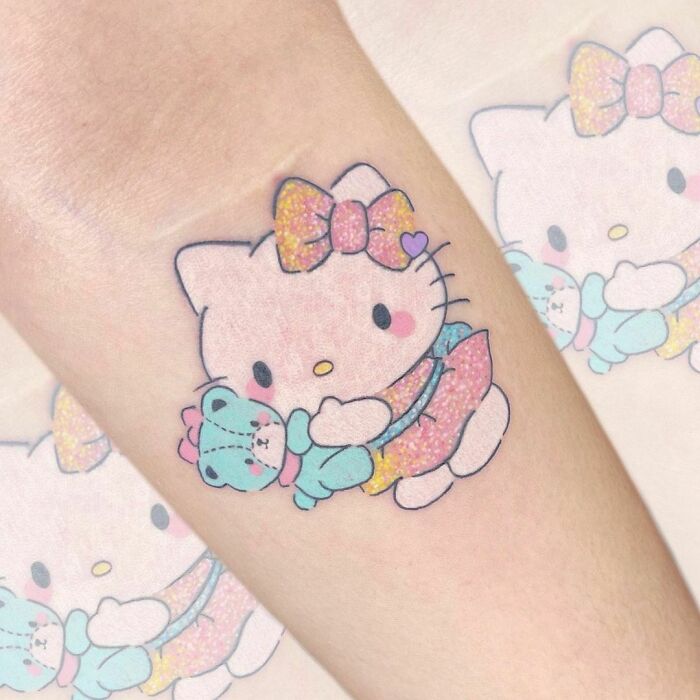 Hello Kitty With Glittery Dress & Bow Tattoo
