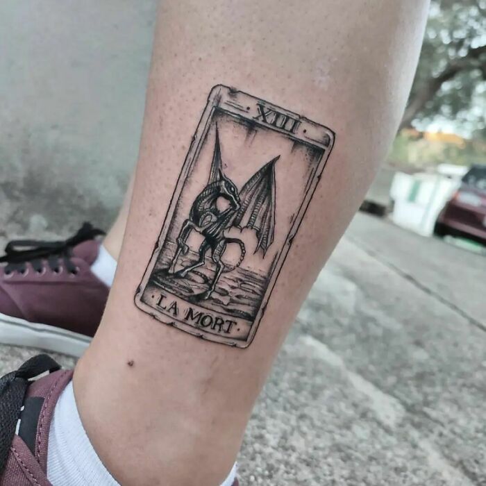 Harry Potter tattoo of Thestral design inspired by Tarot card style.