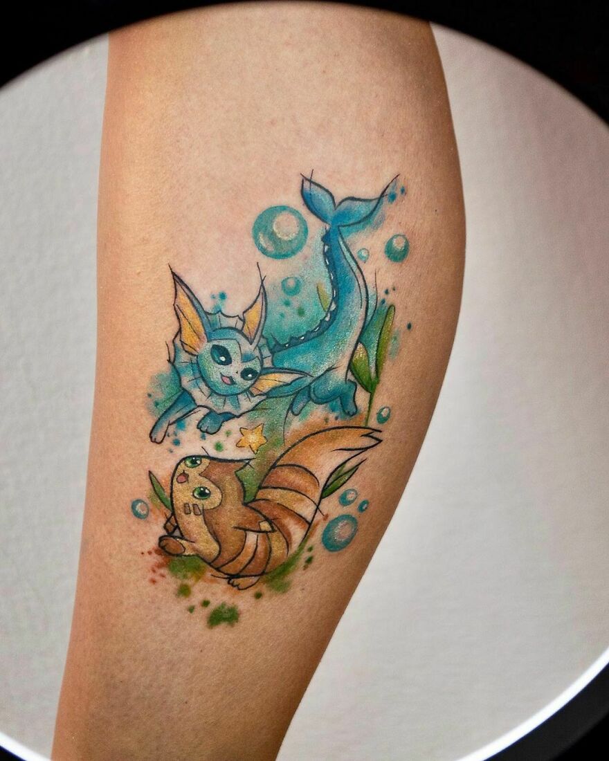 colorful pokemon tattoo on the leg