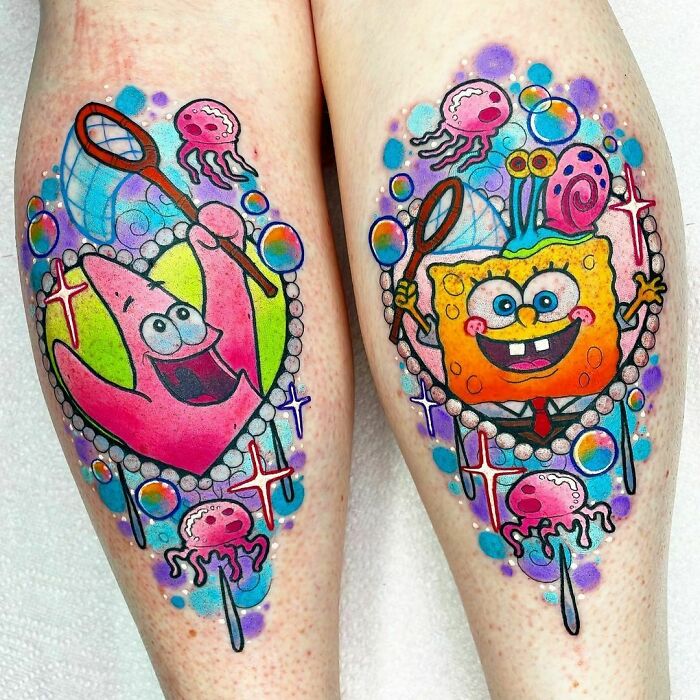 Patrick Star and SpongeBob SquarePants leg tattoos