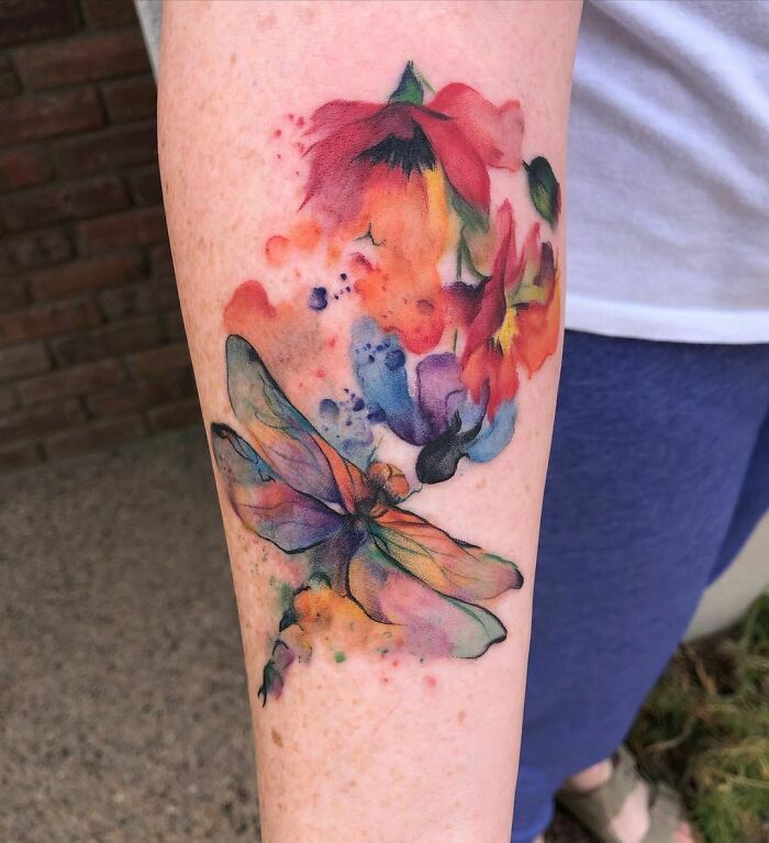 Watercolor Dragonfly And Blossoms