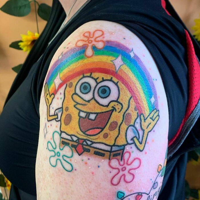 SpongeBob SquarePants with rainbow arm tattoo