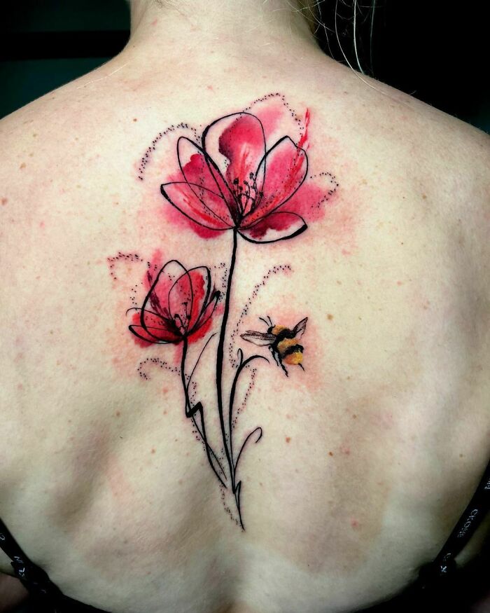 Poppys & Bee Watercolor Tattoo