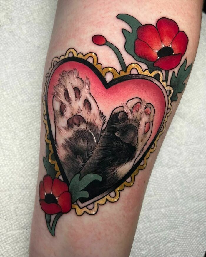 Tattoo Of Client's Cats' Paws In A Heart, Such A Sweet Idea