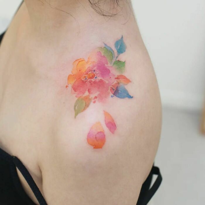 Watercolor Flower Tattoo On Shoulder