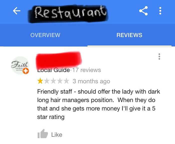 Giving A Small, Family-Owned Restaurant A One Star Review, Because You Want One Of The Employees To Be Promoted