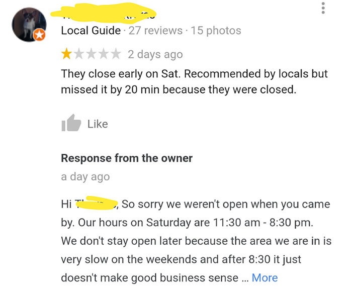 One Star Review Because They Came After The Restaurant Closed
