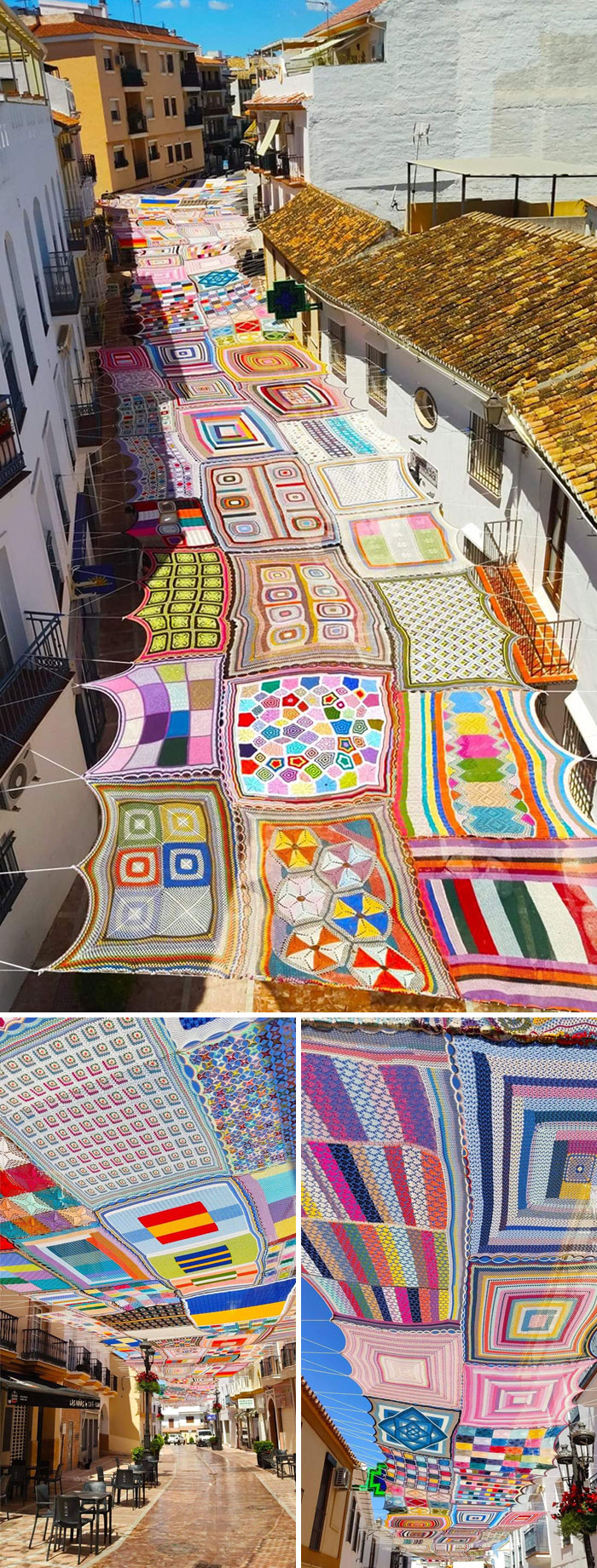 Combatiendo el calor: Artistas españoles decoran el distrito comercial de Málaga con un colorido toldo de ganchillo