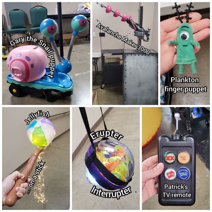 Does This Count? I Was Propmaster For Our Local Performance Of Spongebob The Musical. I Made These Entirely Using Stuff I Already Had. The Director Wanted The Show To Have The Aesthetic Like Everything Was Made Out Of Another "Found" Thing. Aka "Trash". I Delivered