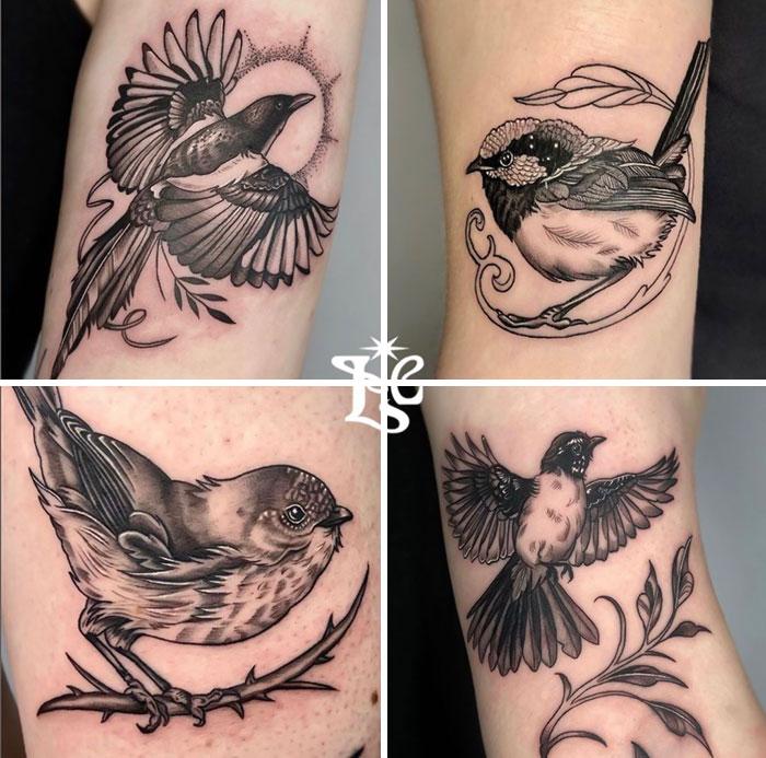 Four detailed animal tattoos of birds on skin, showcasing intricate feather and branch designs.