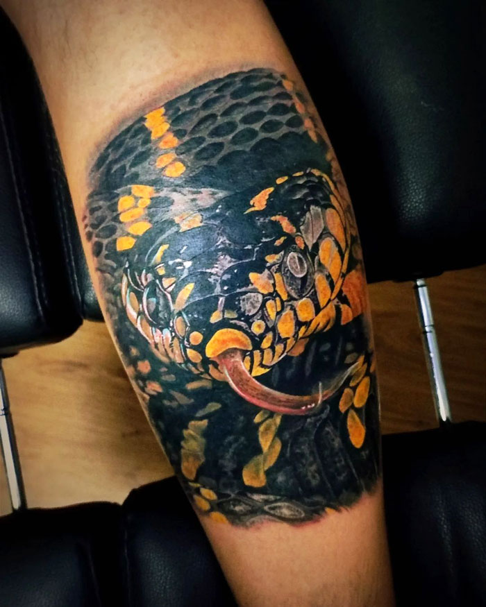 Realistic snake tattoo showcasing vibrant scales and tongue on a person's arm, embodying animal tattoo simplicity.