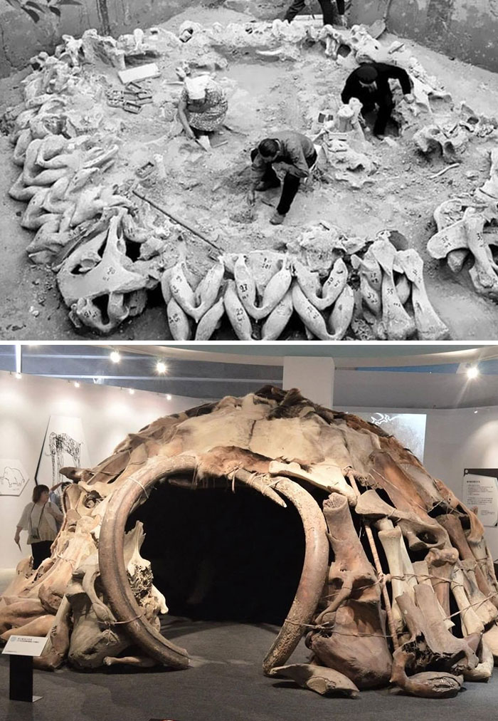 Cabaña hecha con huesos de mamut por los cromañones. Mezhirich, Ucrania, 15000 a.C.