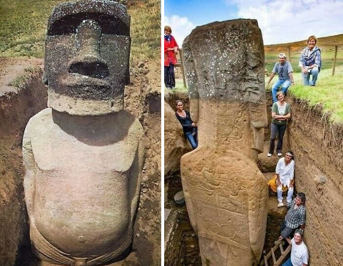 Los cuerpos enterrados de los moais de la Isla de Pascua, con petroglifos tallados en la espalda, construidos por el pueblo Rapa Nui entre 1250 y 1500