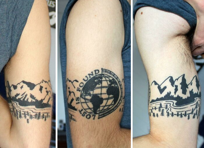 Globe & Mountains Arm Band. By Travis At Rogue Tattoo In Pittsburgh, PA