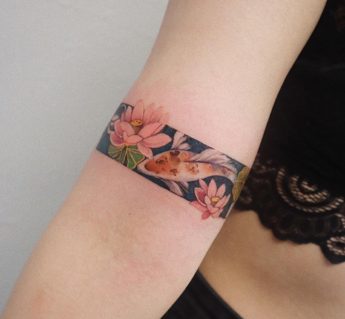 Colorful Flowers Armband Tattoo On Right Half Sleeve