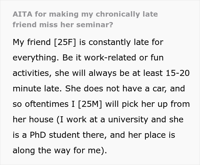 ‘Chronically Late’ Woman Has An Important Appointment, Her Friend Who Was Supposed To Get Her There Leaves When She’s Late