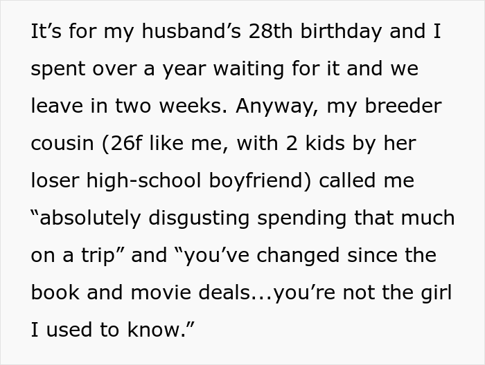 Mother Freaks Out After Finding Out How Much Her Childfree Cousin Spent On A Vacation, Calls Her 'Disgusting' Mother Freaks Out After Finding Out How Much Her Childfree Cousin Spent On A Vacation, Calls Her 'Disgusting'