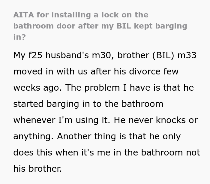 Creepy Man Keeps Walking In On His Sister-In-Law In The Bathroom, Family Drama Ensues Creepy Man Keeps Walking In On His Sister-In-Law In The Bathroom, Family Drama Ensues