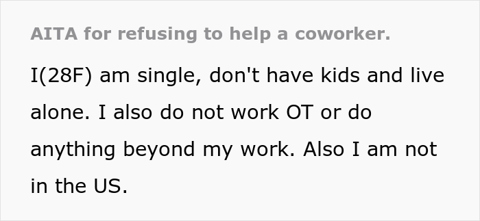 Childfree Woman Wonders If She's A Jerk For Refusing To Help Out Coworker With 5 Kids Childfree Woman Wonders If She's A Jerk For Refusing To Help Out Coworker With 5 Kids